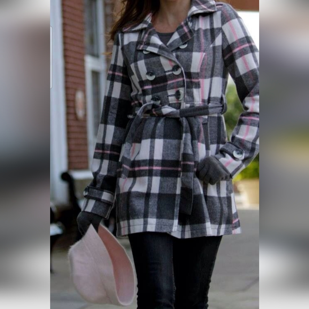 Arizona Jean Company Plaid Pea Coat with Pink and Gray